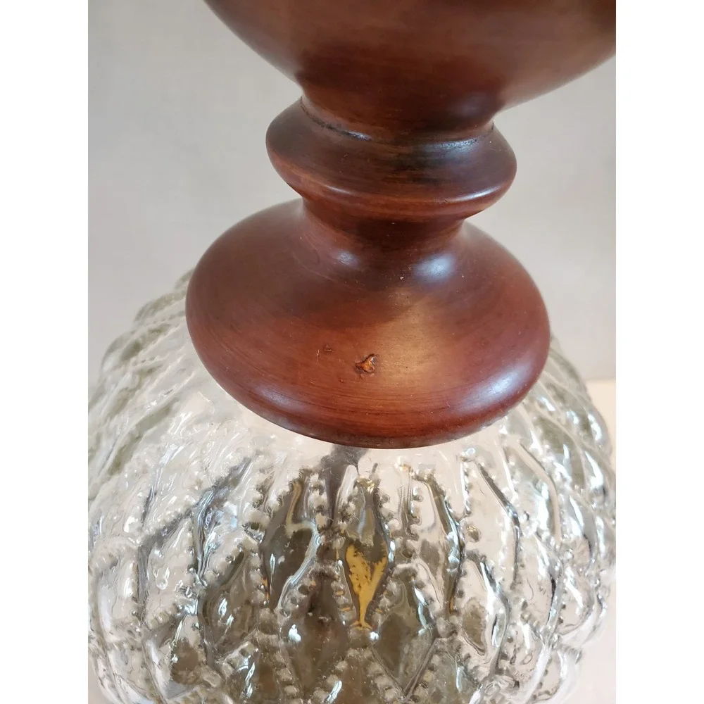 Beautiful Vintage Mid Century Clear Optical Glass, Brass & Wood Table Lamp